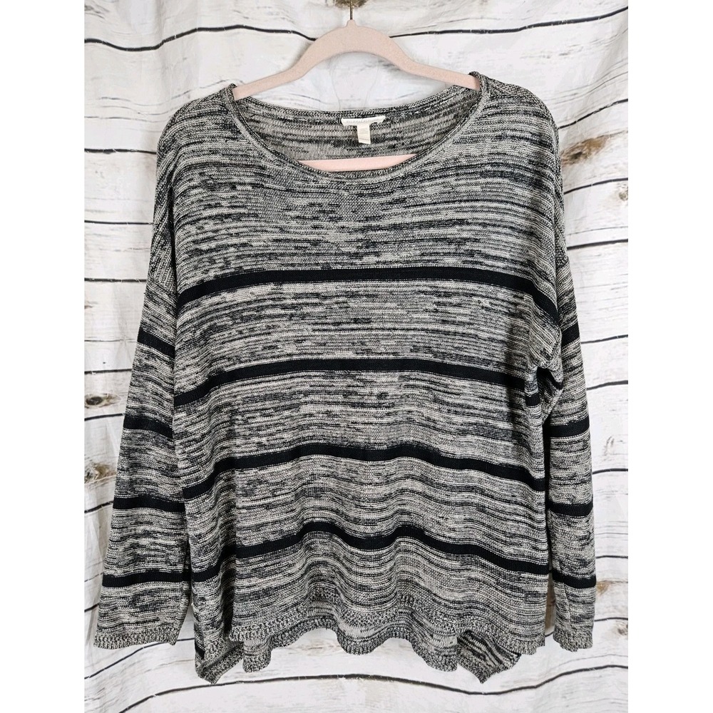 Eileen Fisher Black Striped 100% Organic Linen Sweater Top PM Boxy Lagenlook